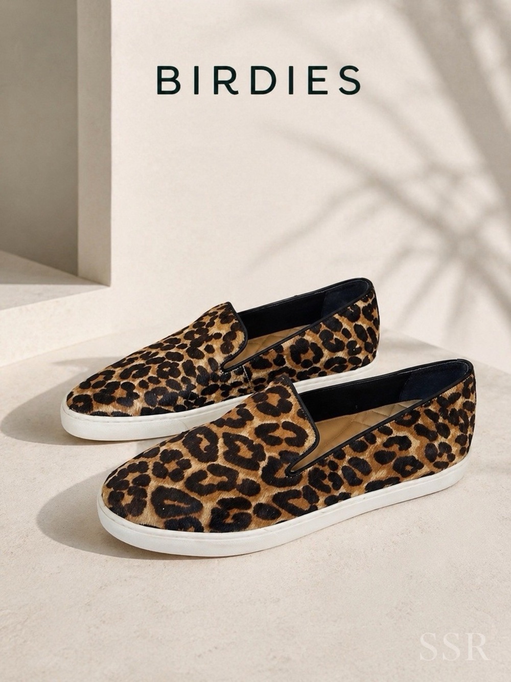 Birdies Swift slip-on sneakers featuring a distinctive leopard print calf hair